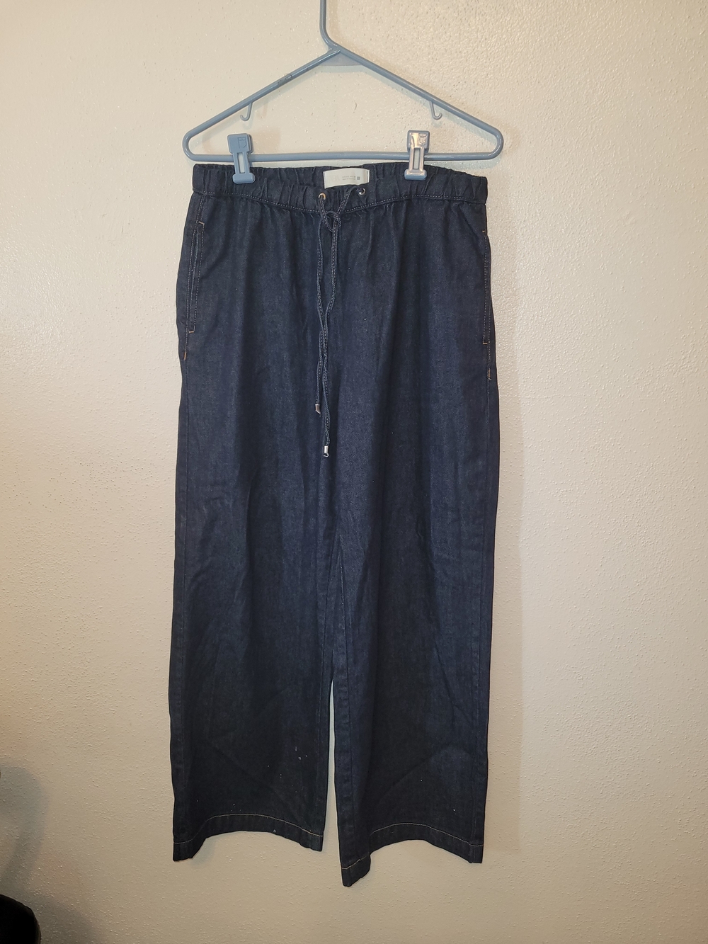 Zara Women's Wide Leg Pull-On Drawstring Waist Jeans Blue Large
